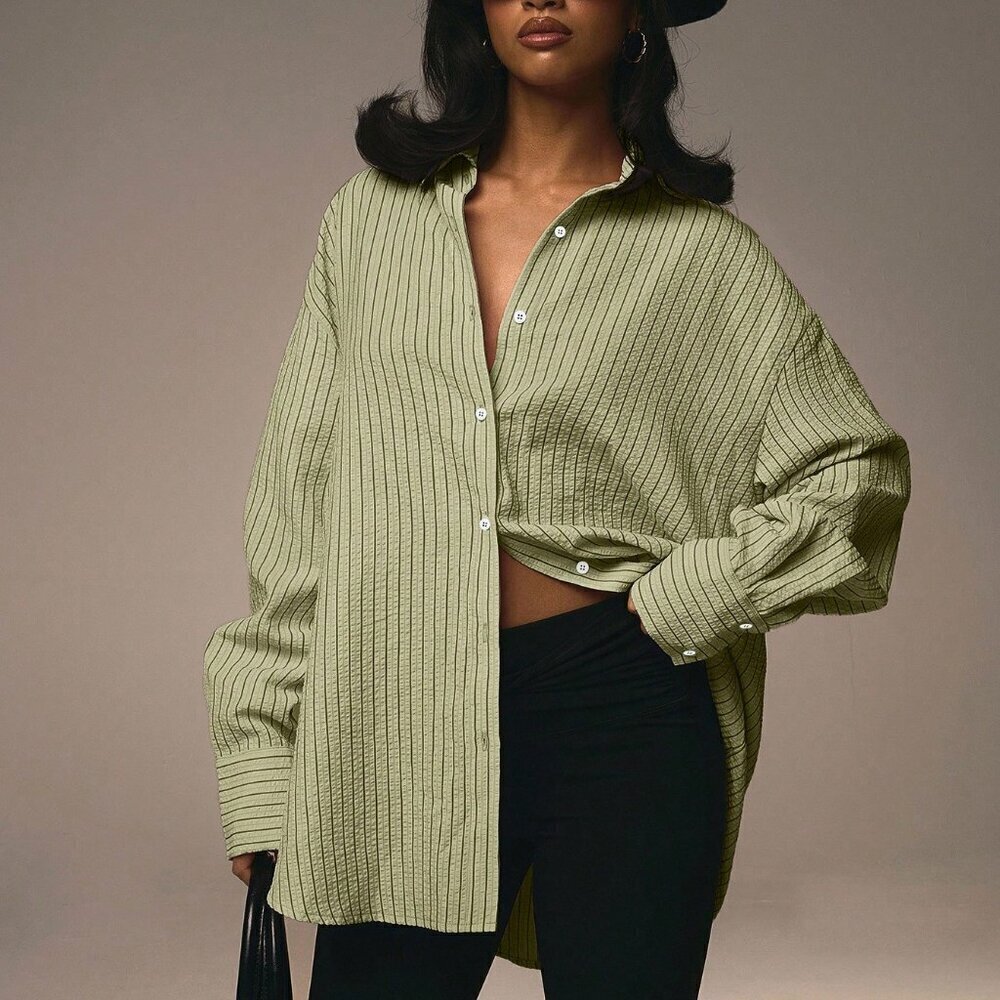 Green Casual Womens Long Sleeve Striped Front Button Blouse